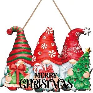 NWT- Adorable- Merry Christmas Gnome Trio- Wooden Holiday Decoration Sign 🌲